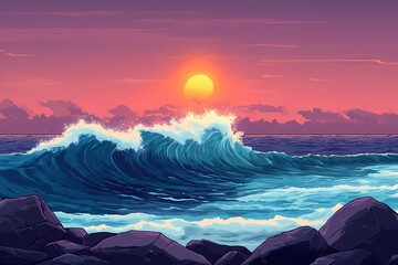 Ocean Sunset Digital Art. Vibrant Colors and Tranquil Landscape with Waves and Clouds
