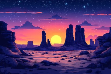Vibrant Sunset in Desert Terrain. Digital Illustration of Dusk Over Rugged Rock Formations