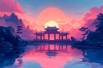 Serene Sunset over Temple & Mountain Reflected in Water - Explore Asian Architecture & Scenic Beauty