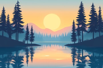 Serene Landscape. Silhouette Trees and Vibrant Reflections at Sunset in Tranquil Forest Scenery