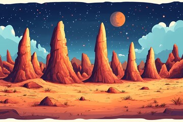 Desert Night Landscape with Stars, Moon, and Cactus in Vivid Pink Sky - Digital Vector Art Illustration