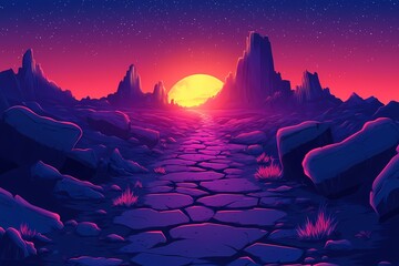 Sunset Silhouette. Vibrant Desert Landscape with Starry Sky and Colorful Horizon - A Tranquil Digital Art Background