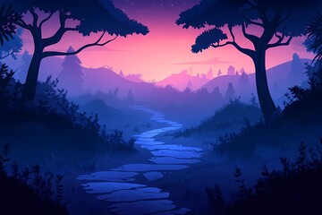 Dusk Sky over Mystical Mountain Landscape. Digital Art Illustration with Vibrant Nature and Peaceful Forest River Viewpoint