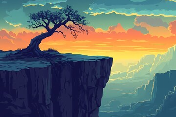 Illustrious Landscape. Vibrant Digital Art Depicting a Charcoal Silhouette of a Tree Against a Stunning Sunset Sky