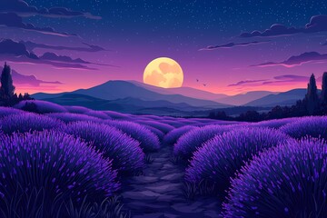 Lavender Fields at Moonlight. Mystical Night in Purple Hues - Digital Art Landscape with Mountains & Stars