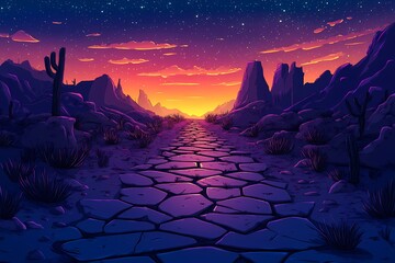 Vibrant Sunset Desert Landscape. Scenic Arid Wilderness with Mesmerizing Colors