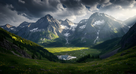 Fototapeta premium Scenic Mountain Valley with Meadow and Lake Under Cloudy Sky