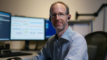 Remote work professional collaborating with technology in modern office environment focused on data analysis and productivity