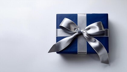 Navy Gift Box with Silver Ribbon on White Background. Top View of Father Day Gifts with Copy Space