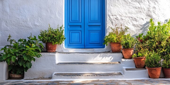 Whimsical Whitewashed Home with Blue Door and Greenery