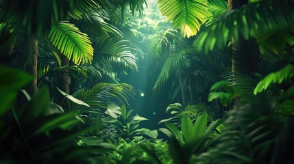 Fototapeta premium Lush tropical jungle canopy reveals dappled sunlight.