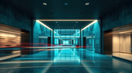 Fototapeta premium Futuristic hallway with neon blue lights.