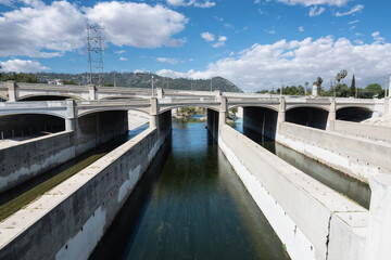 View of the Los Angeles River at Glendale Blvd and Hyperian Blvd in the Atwater Village area of Los Angeles, California.