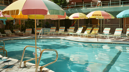 
Retro 1950s-style pool with pastel umbrellas 