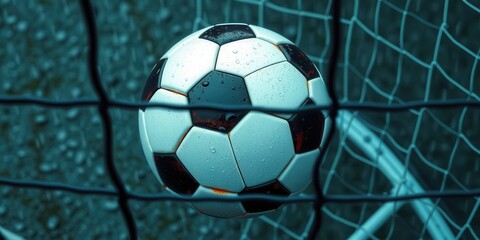 Soccer ball in net on wet field.