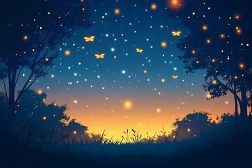 Fototapeta premium Enchanting Starry Night with Glowing Butterflies and Silhouetted Trees - A Serene and Magical Fantasy Landscape