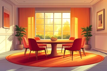Modern Dining Room with Orange Curtains and Minimalist Decor in Contemporary Style