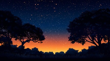 Starry Night Sky: Serene and Mystical Nighttime Landscape Silhouette over Forest Horizon