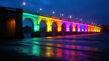 Illuminated bridge at night, vibrant colors reflect on water.  A historical structure, brightly lit with rainbow hues, spans a body of water