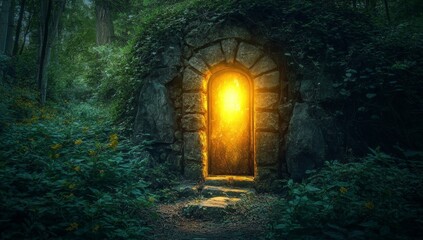 Ancient forest doorway glows with warm light