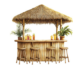 Tropical Bar with thatched roof and wooden stools in a sunny setting