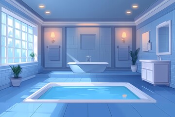 Modern Bathroom Interior Design. Luxury Spa Relaxation with Blue Tiles and Scandinavian Aesthetics