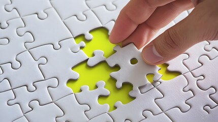 Fototapeta premium Hand Placing Last Jigsaw Puzzle Piece Completing Solution
