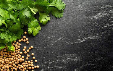 Fototapeta premium Fresh Cilantro and Coriander Seeds on Dark Stone Background