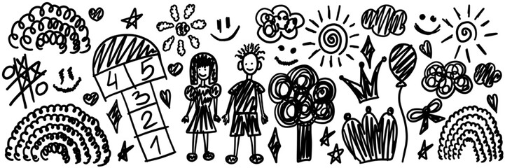 Kids doodle drawings big set. Collection freehand child baby drawn elements: sun, rainbow, smile, tree, boy, girl, flower. Hand drawing chalk scribble. Vector illustration isolated on white background © Marharyta