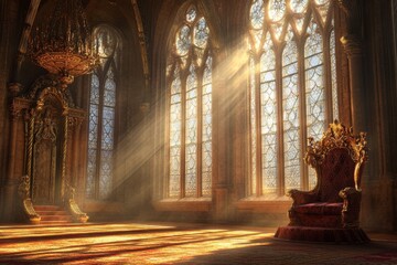 Grand hall, golden light, ancient throne room