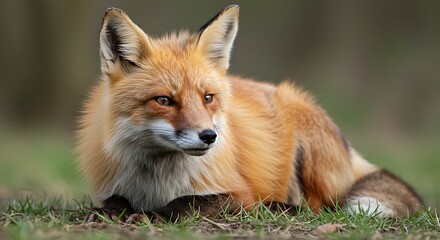 Obraz premium Red Fox Resting in Green Grass, Closeup Portrait