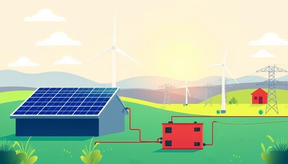 Fototapeta premium Abstract flat vector illustration of solar and wind power feeding a battery energy storage system connected to an electrical grid, energy, innovation
