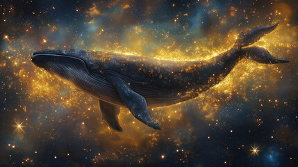 Fototapeta premium Celestial Whale: A majestic whale, seemingly composed of shimmering stardust and nebulae, gracefully glides through a cosmos of vibrant, golden light.