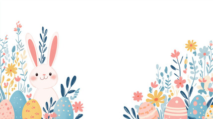 Obraz premium Easter Bunny's Springtime Bloom: A charming Easter bunny nestled amongst an array of pastel-colored Easter eggs, creating a festive springtime display full of joy.