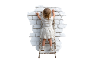 Girl drew with chalk on a brick wall the ladder isolated on transparent background
