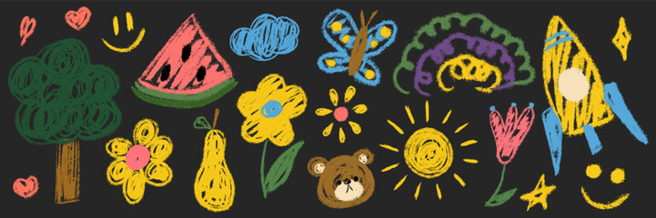 Kids chalk hand drawing big set. Collection freehand child pencil texture scribble elements: sun, tree, bear, fruit, smile, flower, rocket, watermelon. Vector illustration isolated on black background