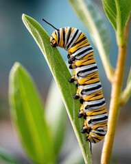 Naklejka premium Brightly striped caterpillar explores a lush green leaf in a serene garden, basking in the gentle morning sunlight while preparing for its transformation.