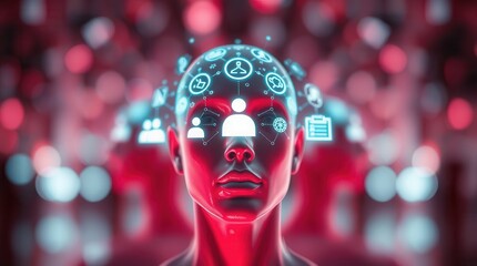 Digital human face with futuristic holographic icons.