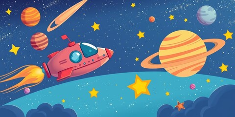 Adorable cartoon spaceship, planets, comet, and stars in a whimsical cosmic scene , spaceship, fantasy