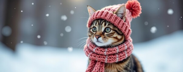 Adorable cat in a knit beanie and scarf against snowy background, beanie, cat