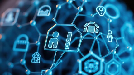 Digital network with futuristic technology icons in blue tones.