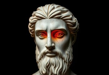 Ancient Greek bust, cracked stone, glowing eyes, dark background, old, mythology