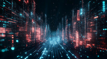 Fototapeta premium Digital Cityscape: A captivating, futuristic city comes to life, rendered in vibrant digital light. The image features a network of interconnected structures.