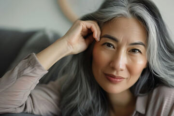 Fototapeta premium Close-up of an Asian woman touching her hair and showing thickening on the top. Close-up view of a beautiful young adult female with thinning hair from 