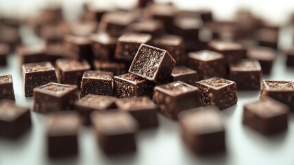 Dark Chocolate Cubes, Closeup, Scattered, White Background, Dessert