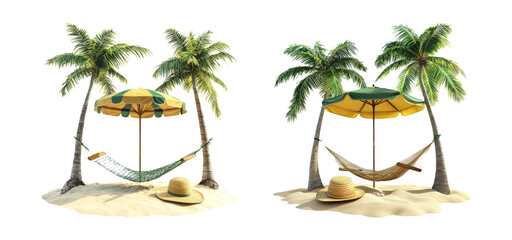 Tropical Paradise with Hammocks and Umbrellas Under Palm Trees