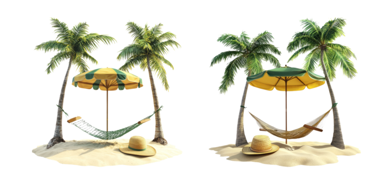 Tropical Paradise with Hammocks and Umbrellas Under Palm Trees