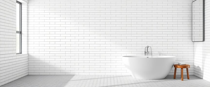 Clean white subway tile bathroom wall, textured floor, ample empty space, minimalist, subway tile