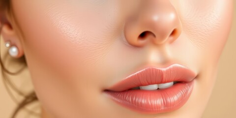 Obraz premium Close-up, flawless complexion, moisturizing cream application, beige background, cream texture, studio shot