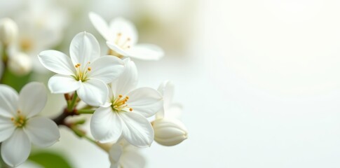 Obraz premium Closeup of delicate white jasmine flowers in full blossom on white background, flora, blooming